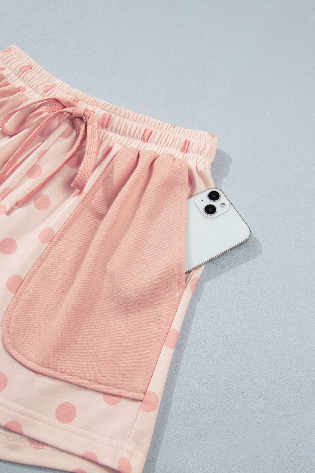 Pink Polka Dot Drop Shoulder Polo Loose Pullover Patch Pocket Casual Shorts Set