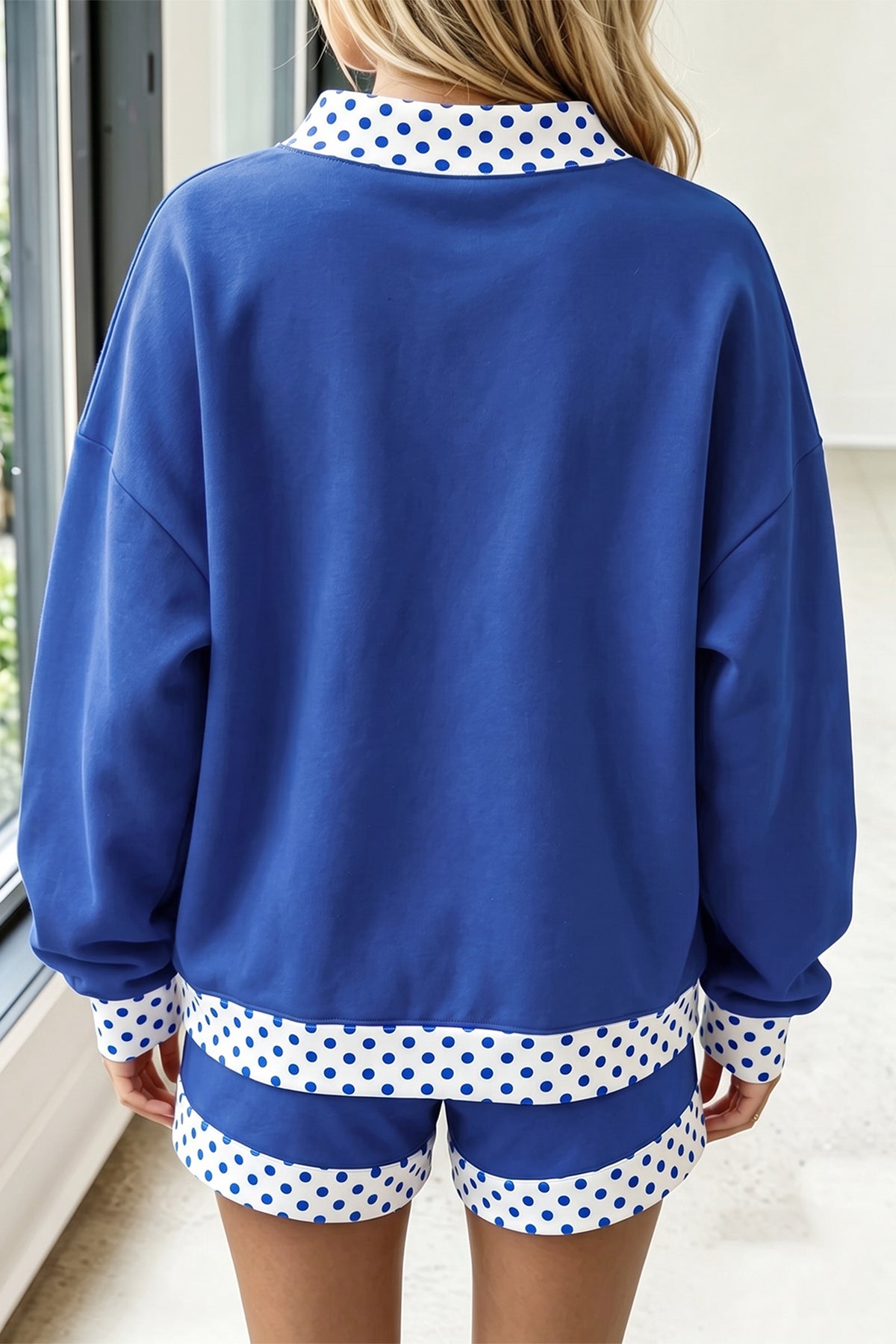 Bright Green Polka Dot Trim Baggy Pullover 2pcs Short Set
