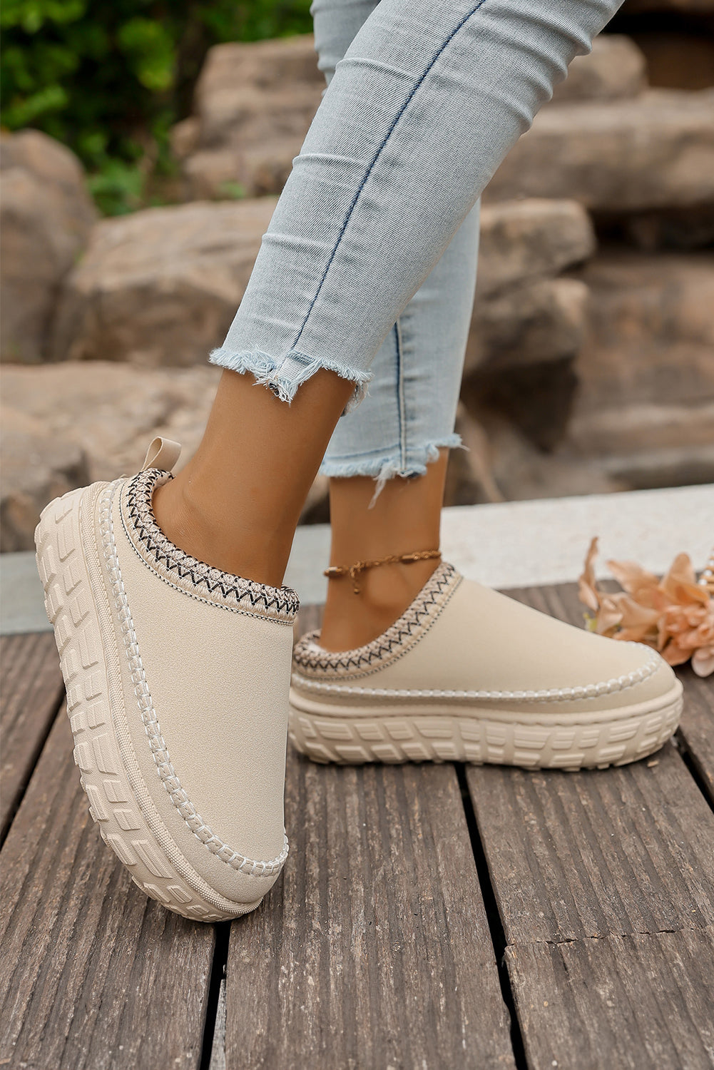 White Faux Suede Woven Trim Plush Lining Platform Slippers