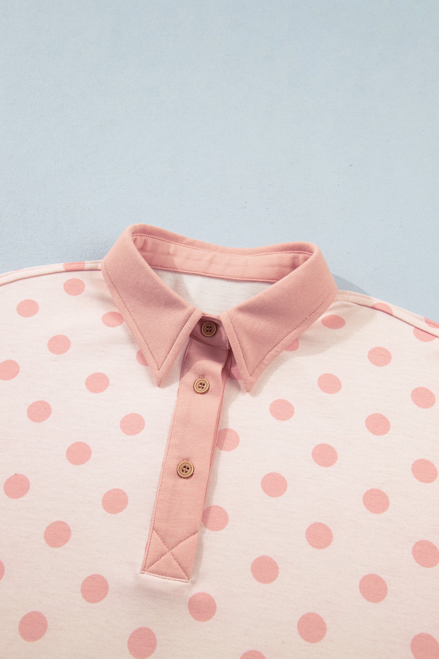 Pink Polka Dot Drop Shoulder Polo Loose Pullover Patch Pocket Casual Shorts Set