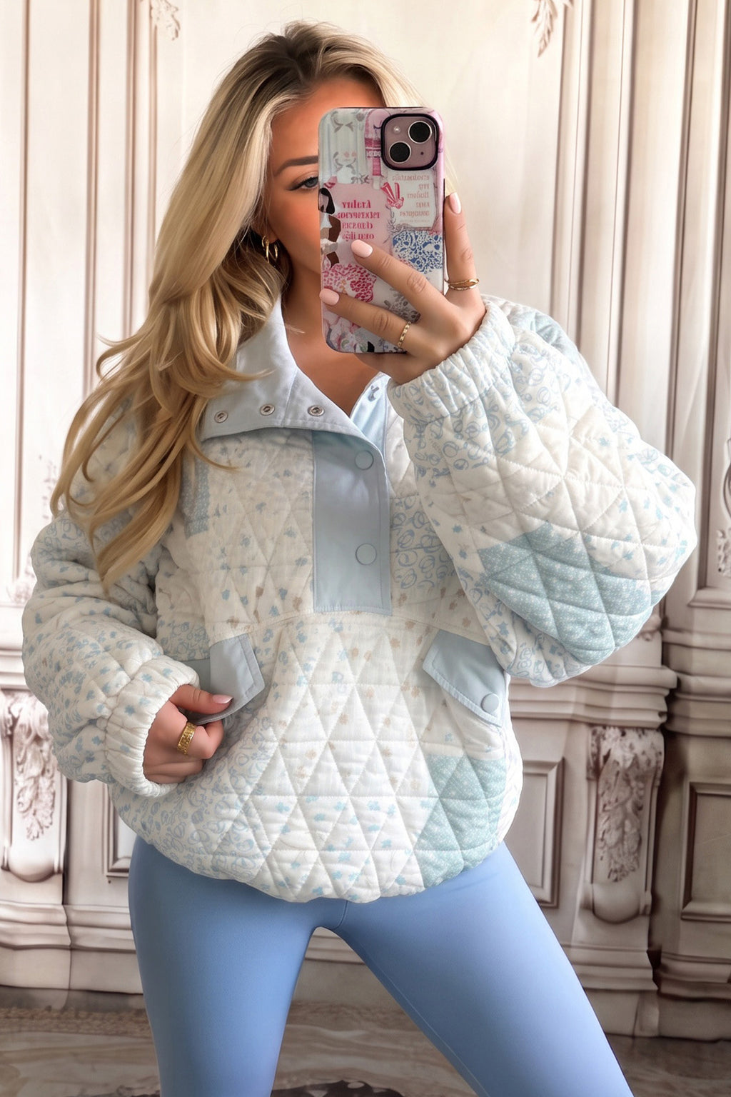 Pink Floral Quilted Half Button Pocketed Pullover Sweatshirt