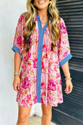 Multicolour Floral Striped Patchwork Trim Half Sleeve Mini Dress
