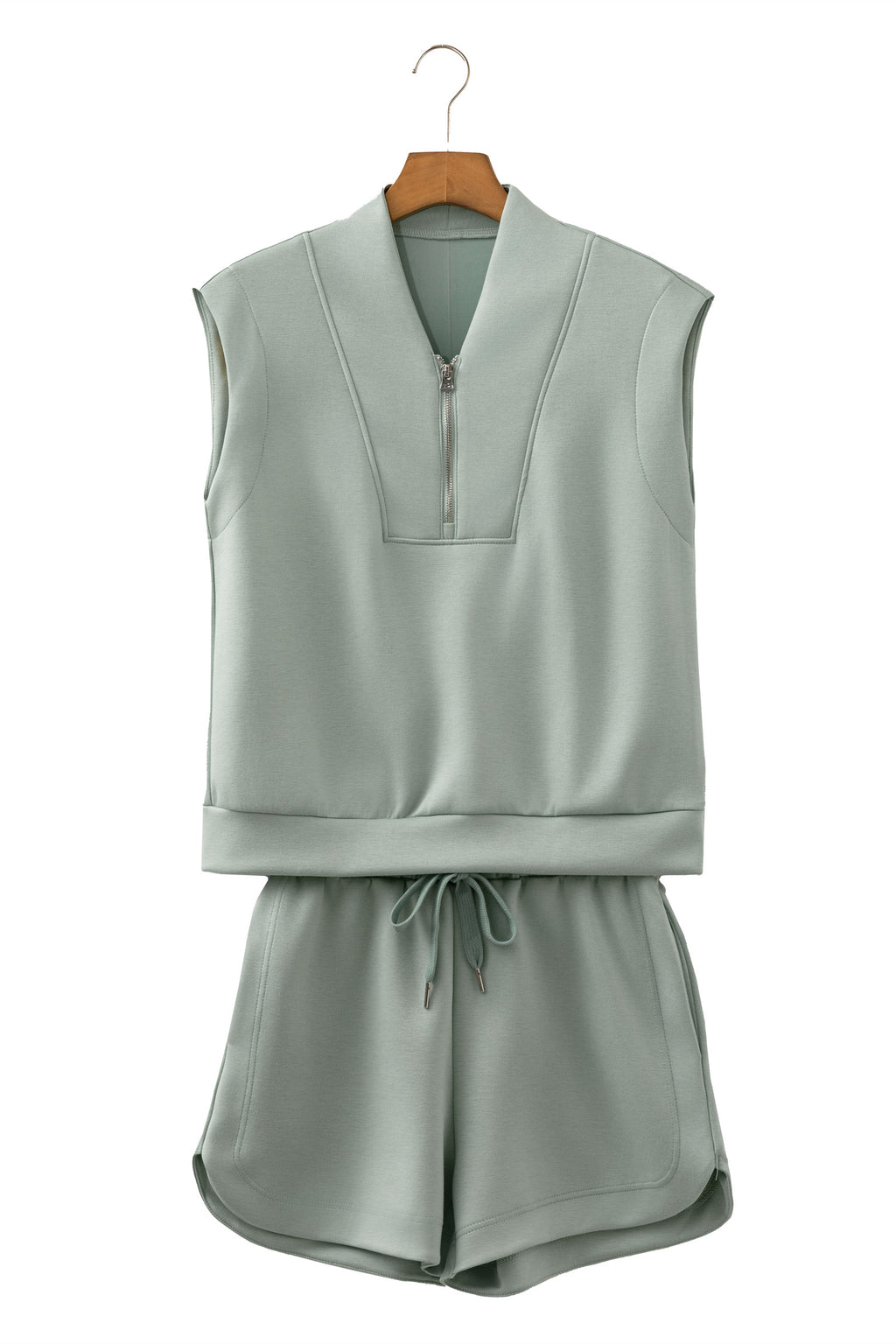 Oatmeal Quarter Zip Sleeveless Top Drawstring Shorts Casual 2pcs Outfit