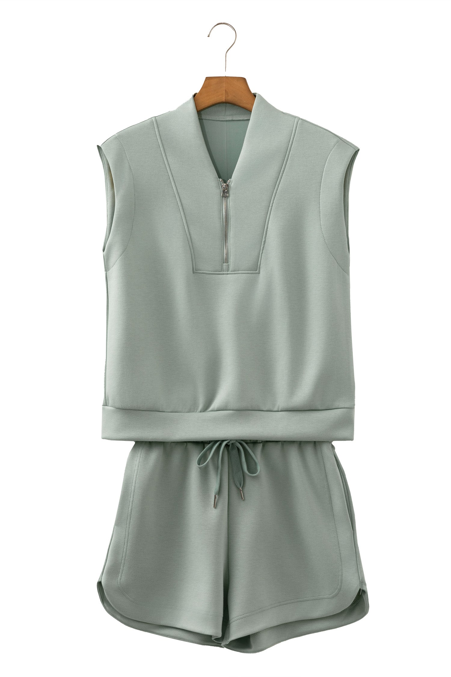 Oatmeal Quarter Zip Sleeveless Top Drawstring Shorts Casual 2pcs Outfit