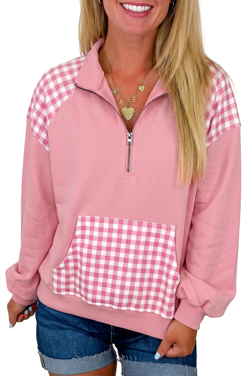 Navy Blue Patchwork Plaid Pocket Quarter Zip Sweatshirt