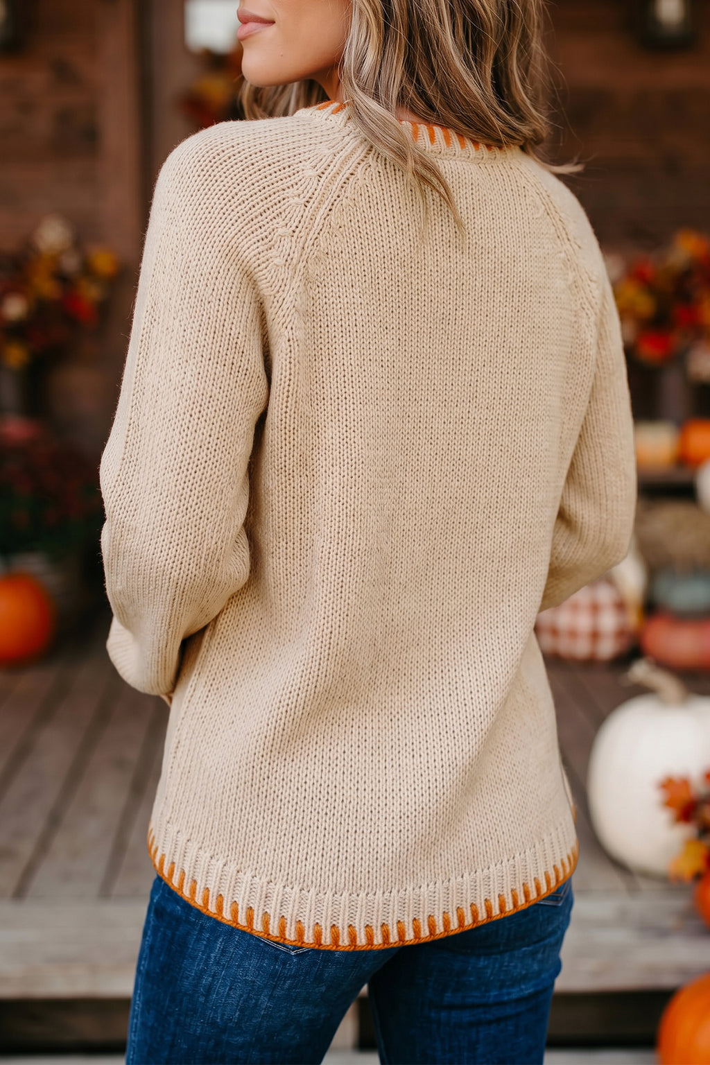 Parchment Floral Embroidery Pumpkin Long Sleeve Round Neck Sweater