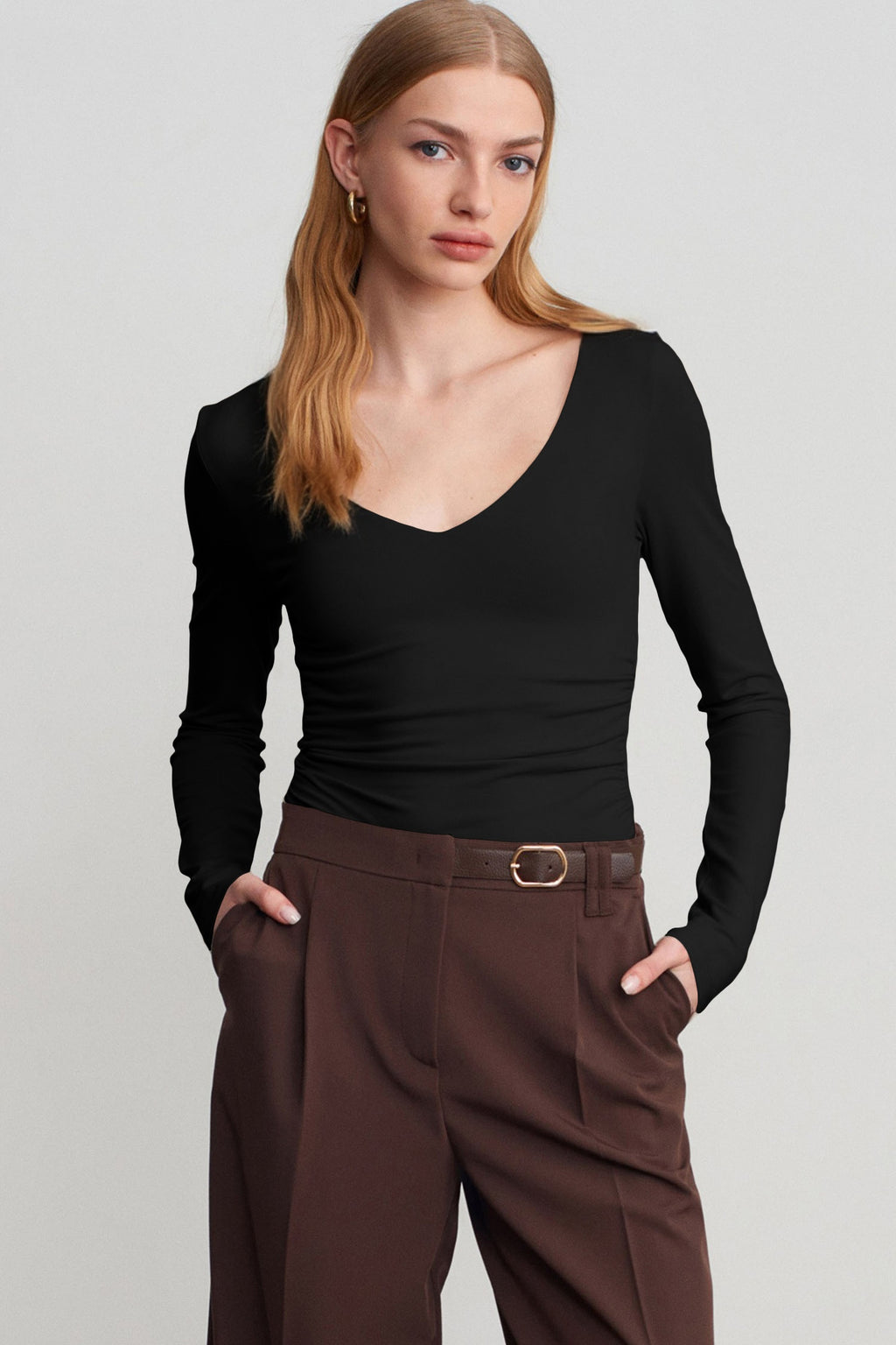Coffee Slim Fit V Neck Long Sleeve Bra Buil-in Top