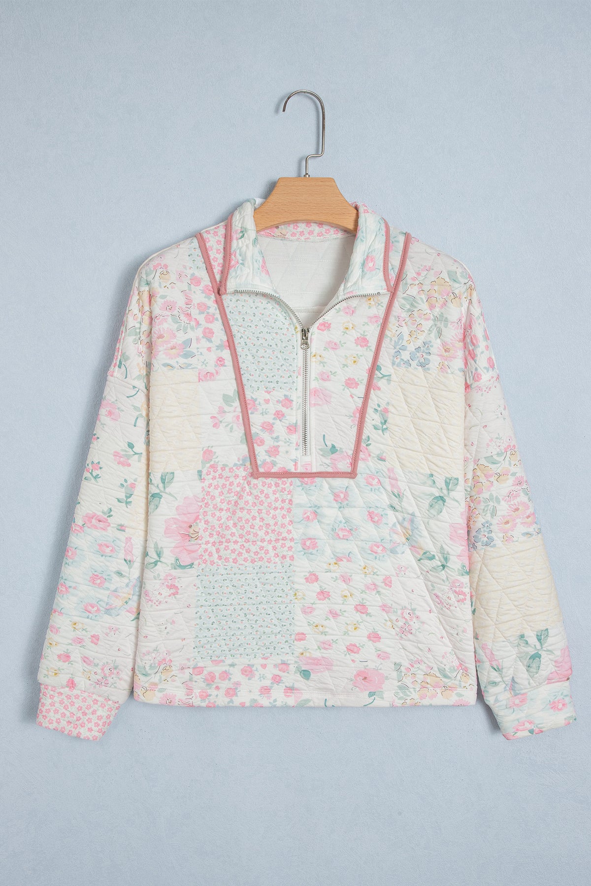 Multicolour Floral Quilted Metal Zipper Collar Long Sleeve Sweatshirt