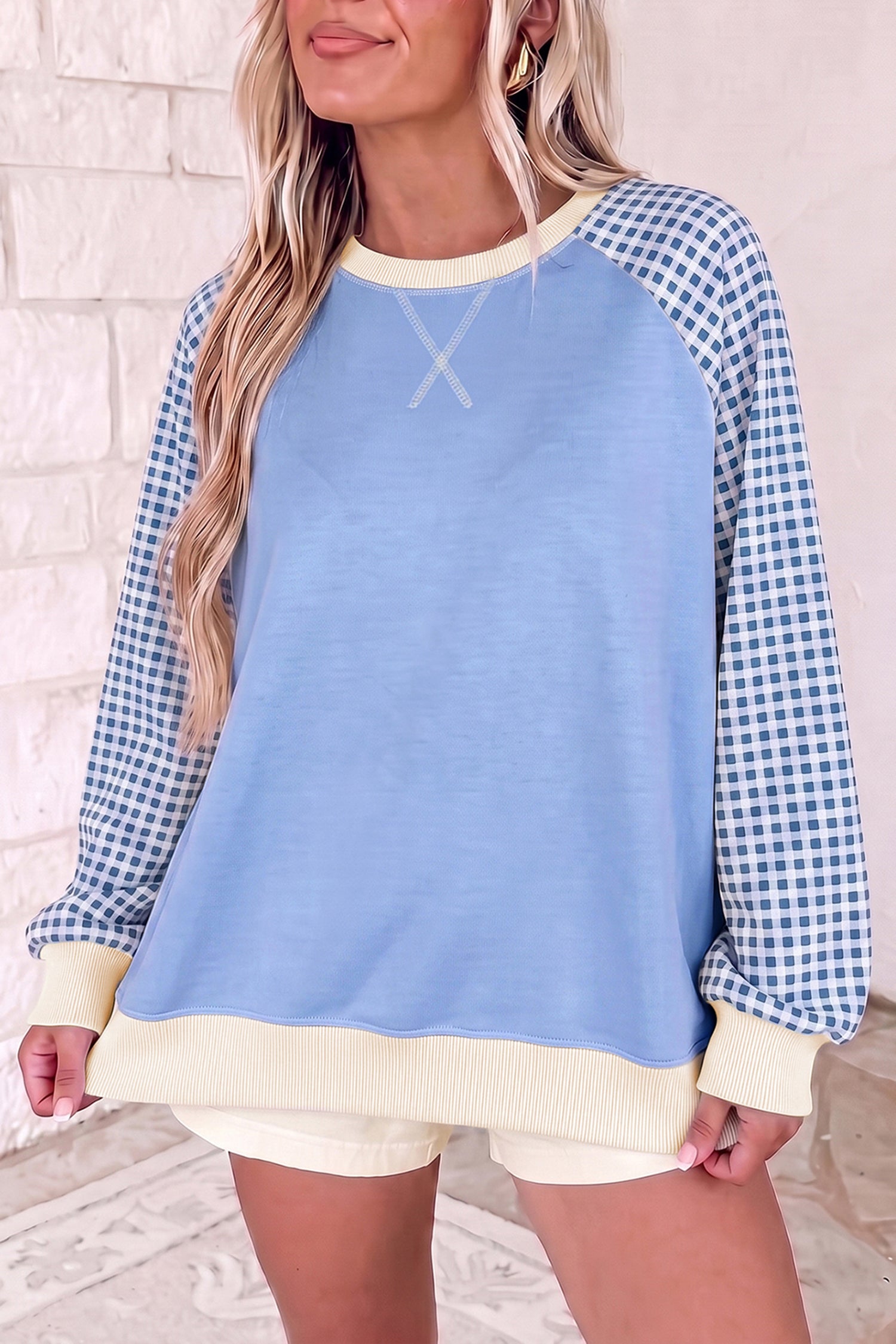 Beige Plaid Sleeve Colorblock Raglan Pullover Sweatshirt