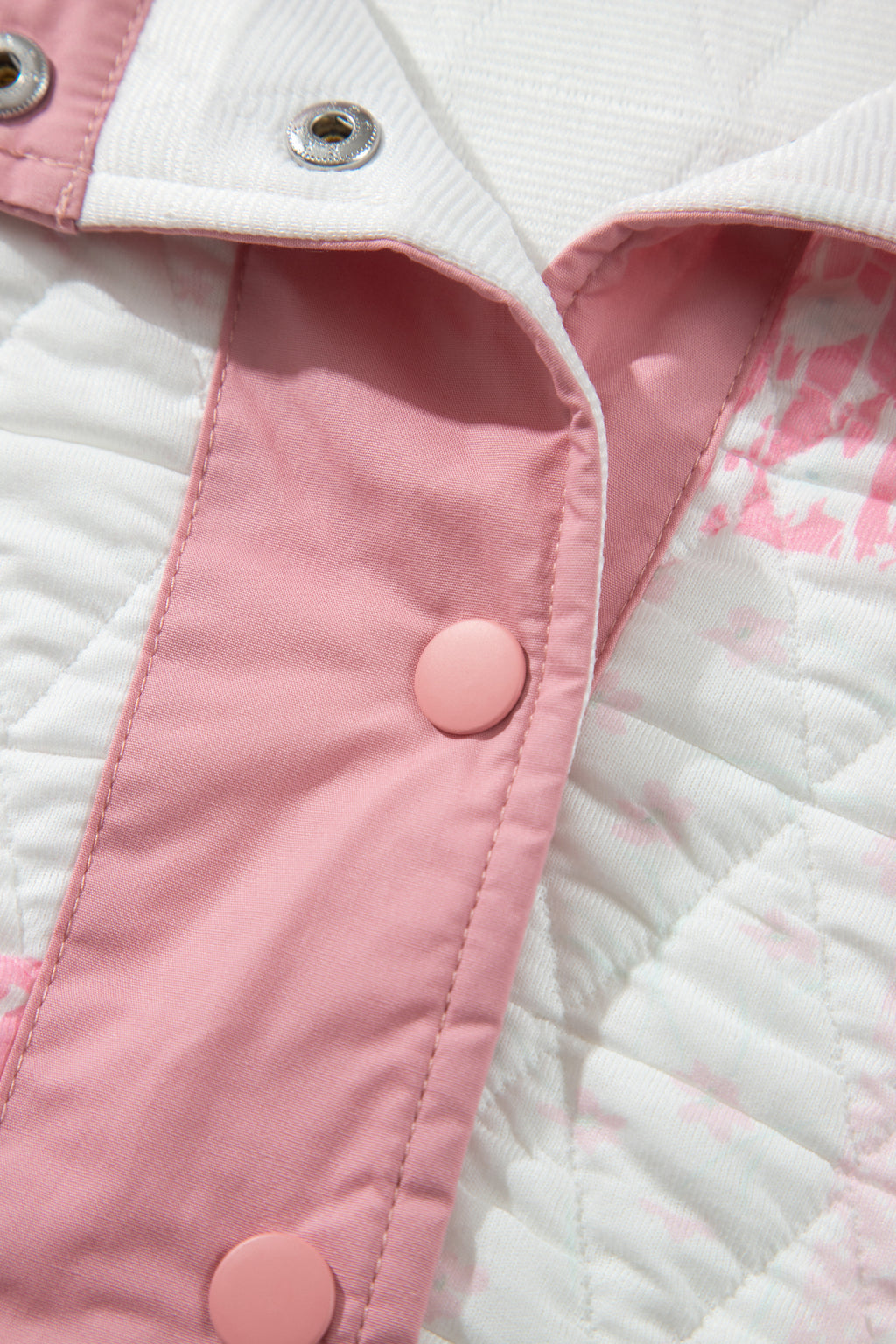 Pink Floral Quilted Half Button Pocketed Pullover Sweatshirt