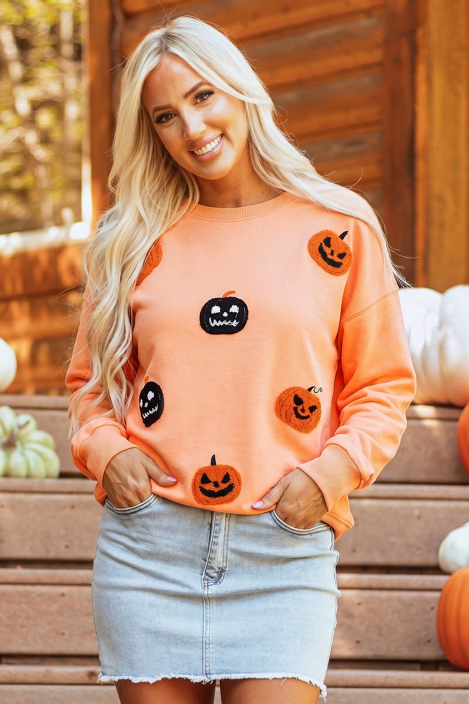 Orange Embroidered Pumpkin Face Drop Shoulder Sweatshirt