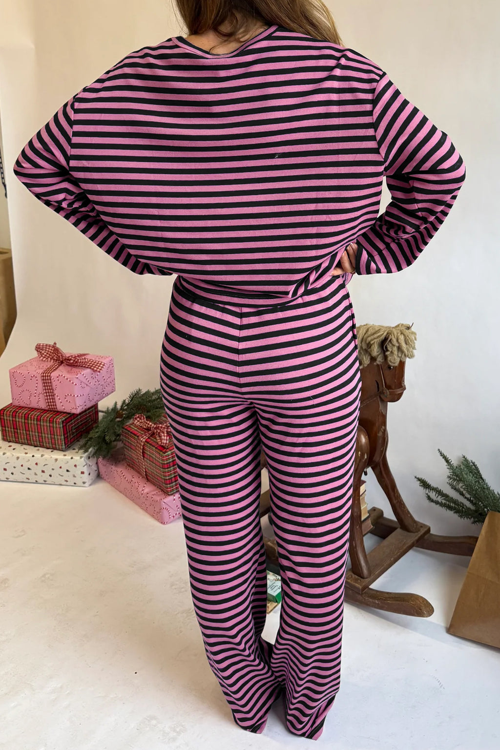 Pink Stripe Casual Long Sleeve Top Drawstring Pant Set