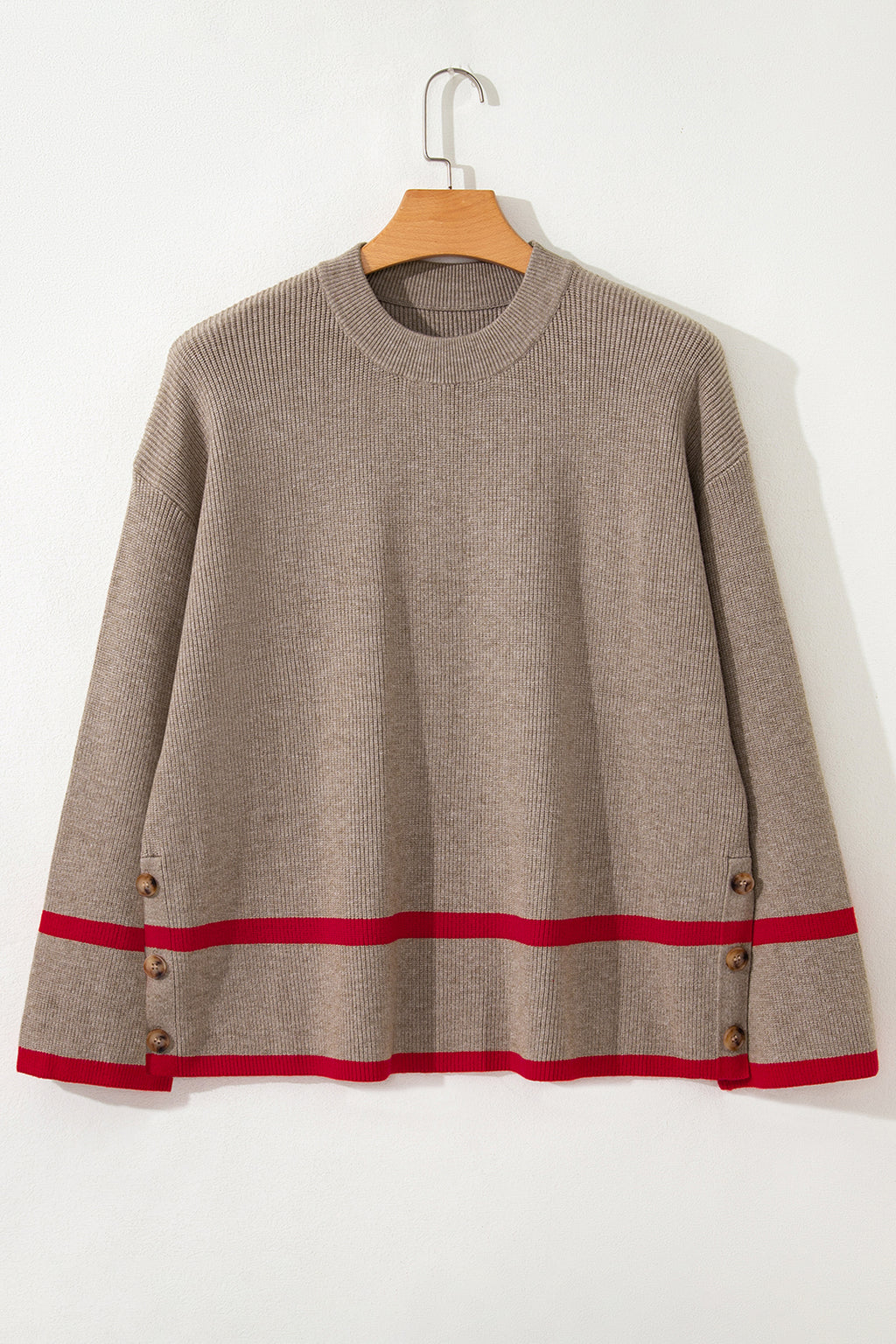 Simply Taupe Ribbed Knit Contrasted Stripe Detail Button Side Loose Sweater
