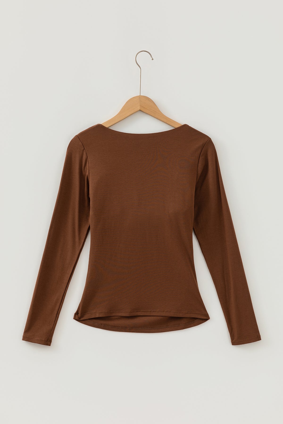 Coffee Slim Fit V Neck Long Sleeve Bra Buil-in Top
