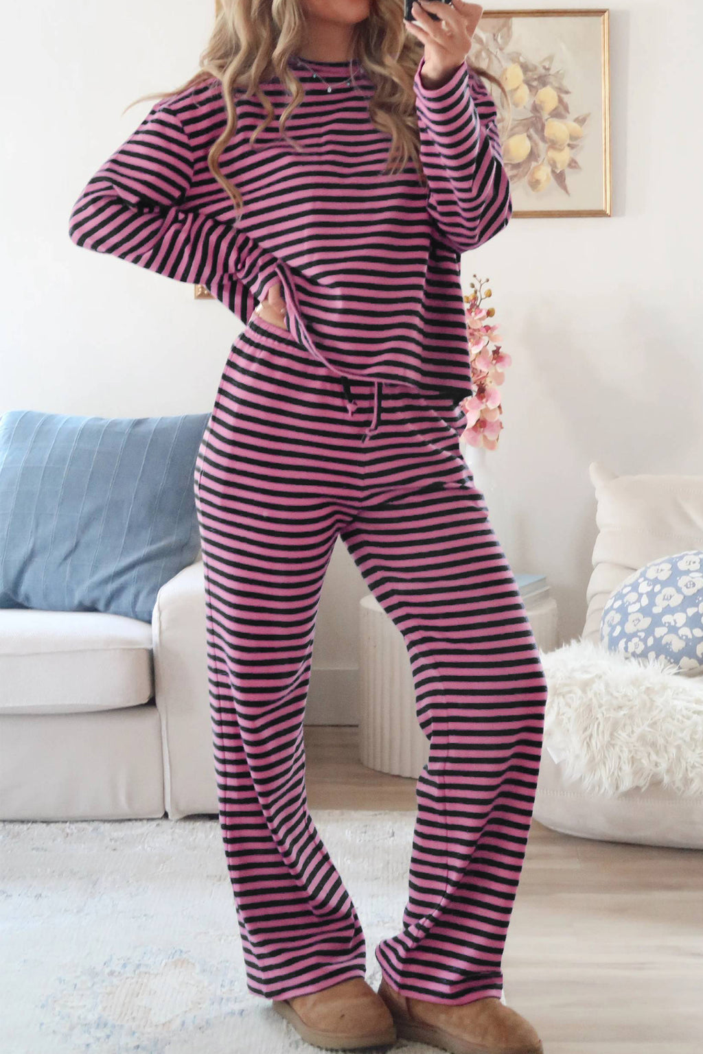 Pink Stripe Casual Long Sleeve Top Drawstring Pant Set