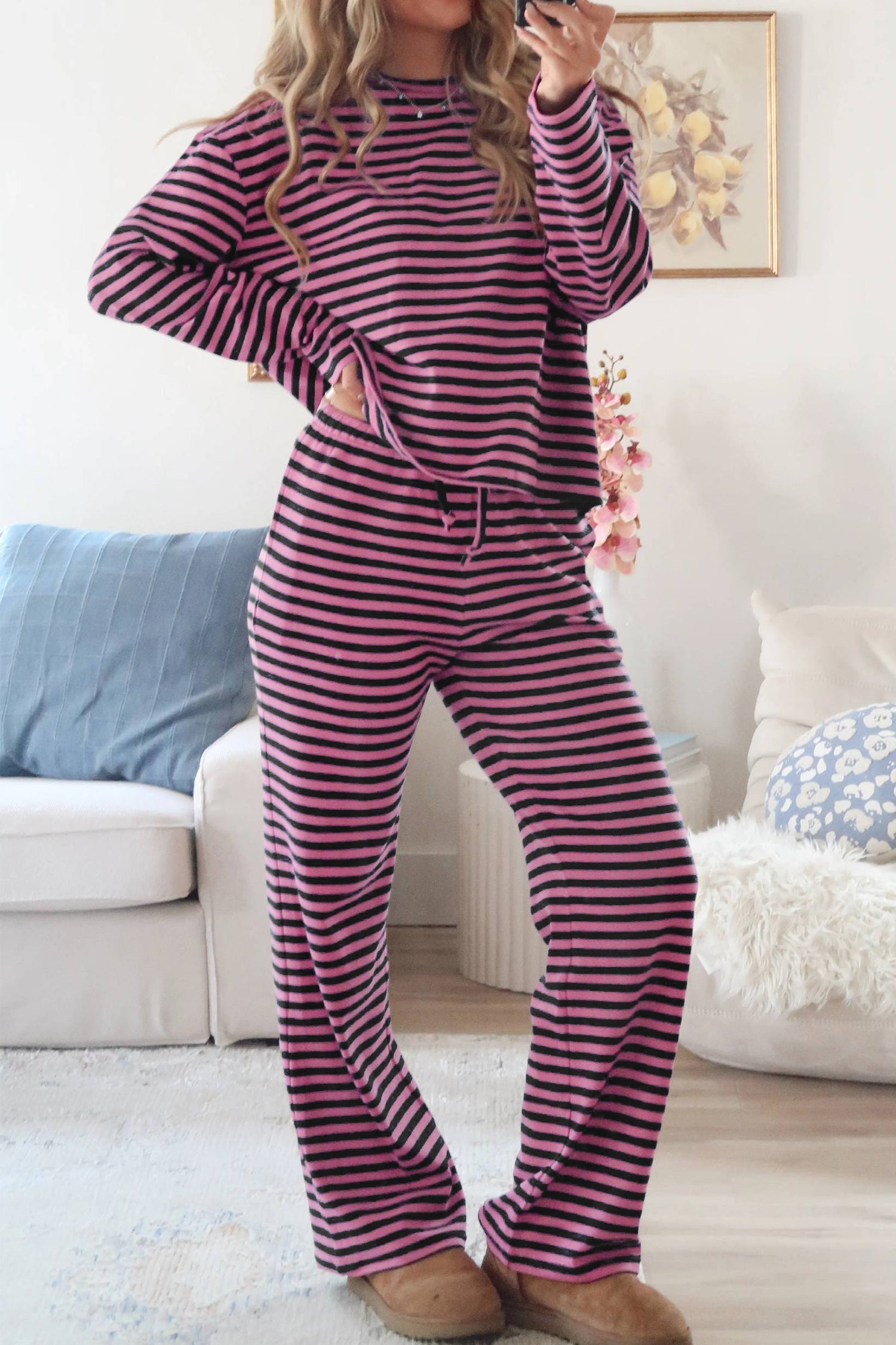 Pink Stripe Casual Long Sleeve Top Drawstring Pant Set