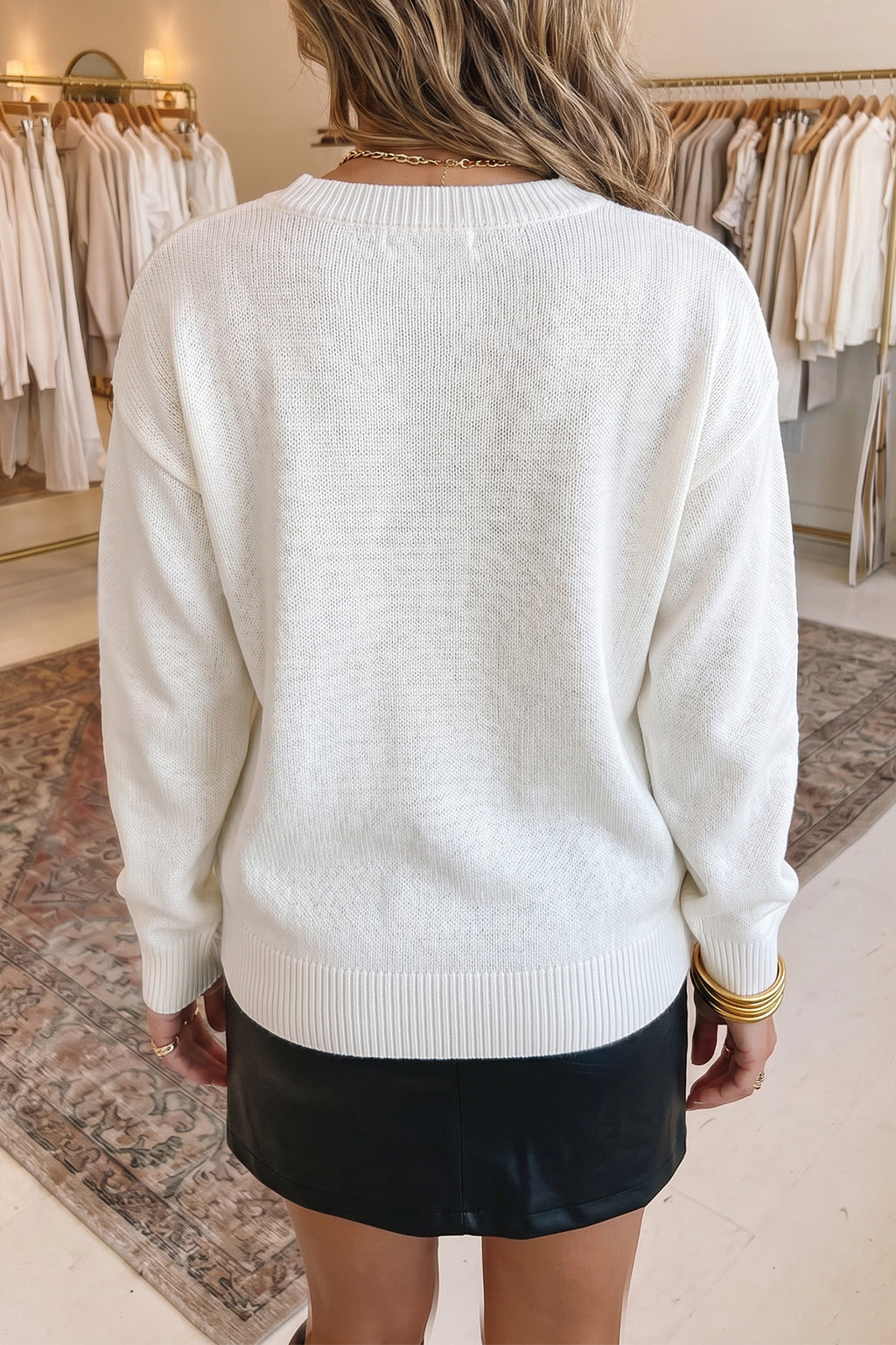White Retro Flying Mallard Pattern Drop Shoulder Pullover Sweater