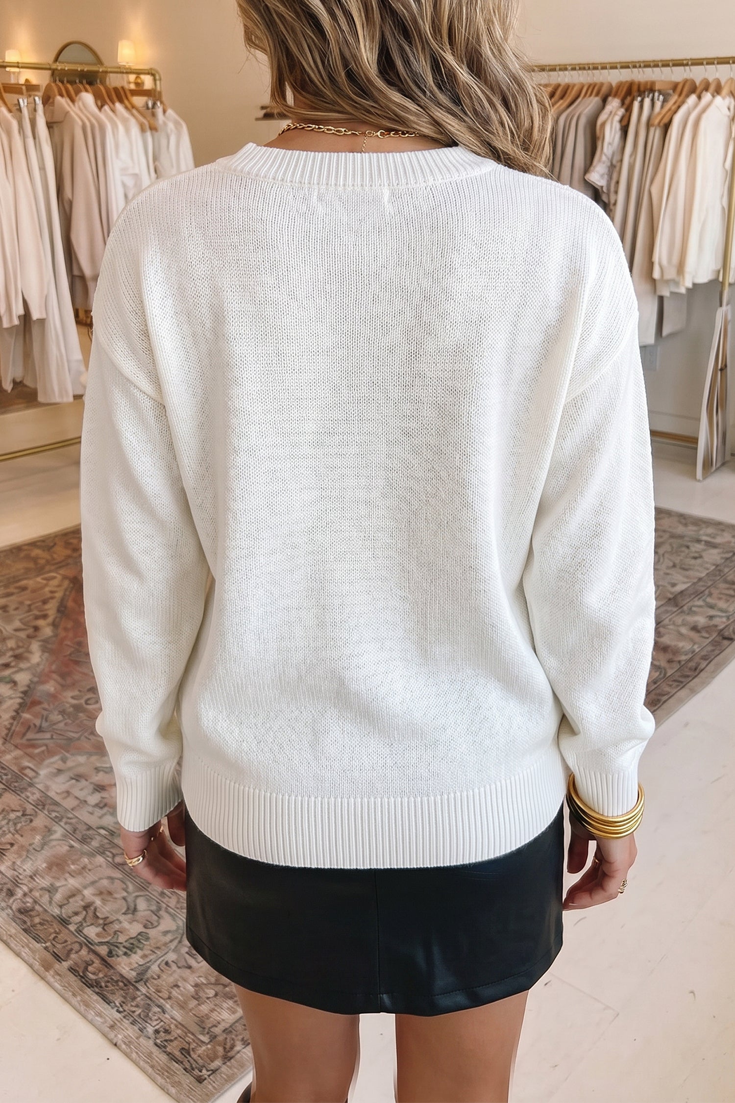 White Retro Flying Mallard Pattern Drop Shoulder Pullover Sweater