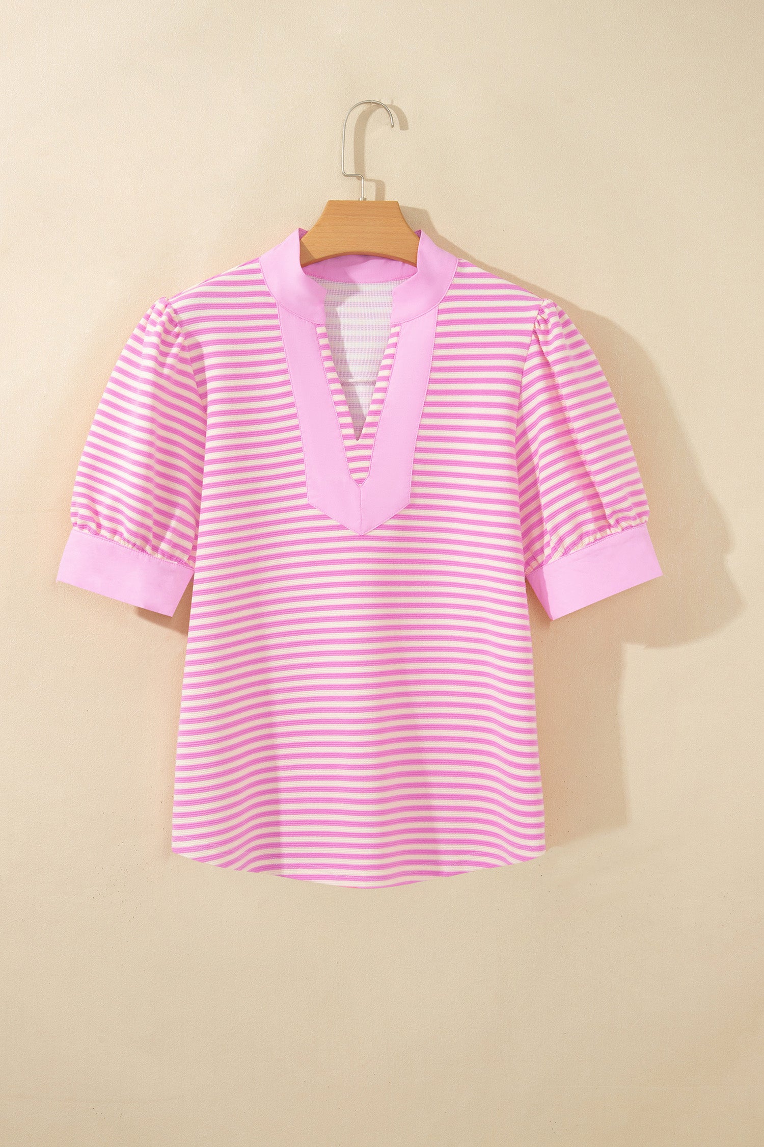 Pink Stripe Color Block Detail Split Neck Short Sleeve Blouse