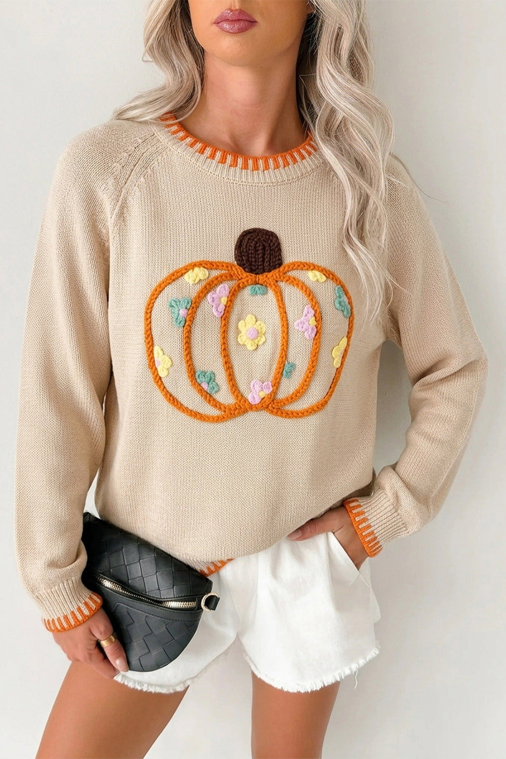Parchment Floral Embroidery Pumpkin Long Sleeve Round Neck Sweater