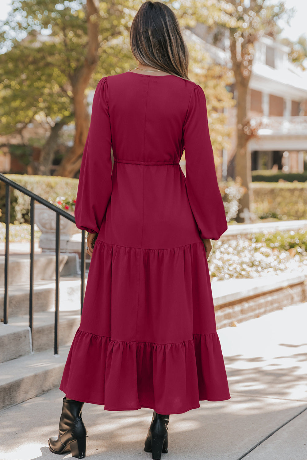 Chestnut Solid Long Sleeve Button V Neck Tiered Maxi Dress