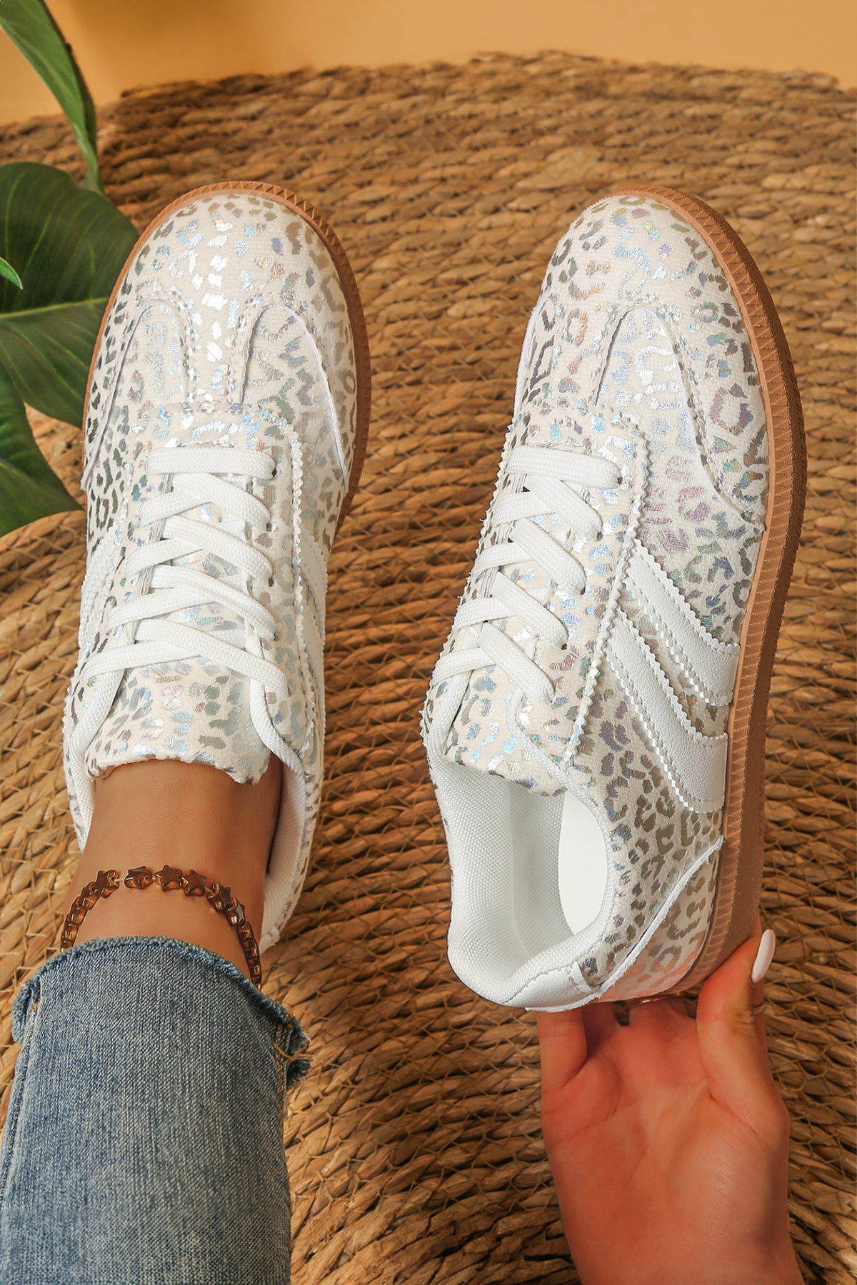 White PU Leather Detail Shimmer Leopard Printed Lace-up Sneakers