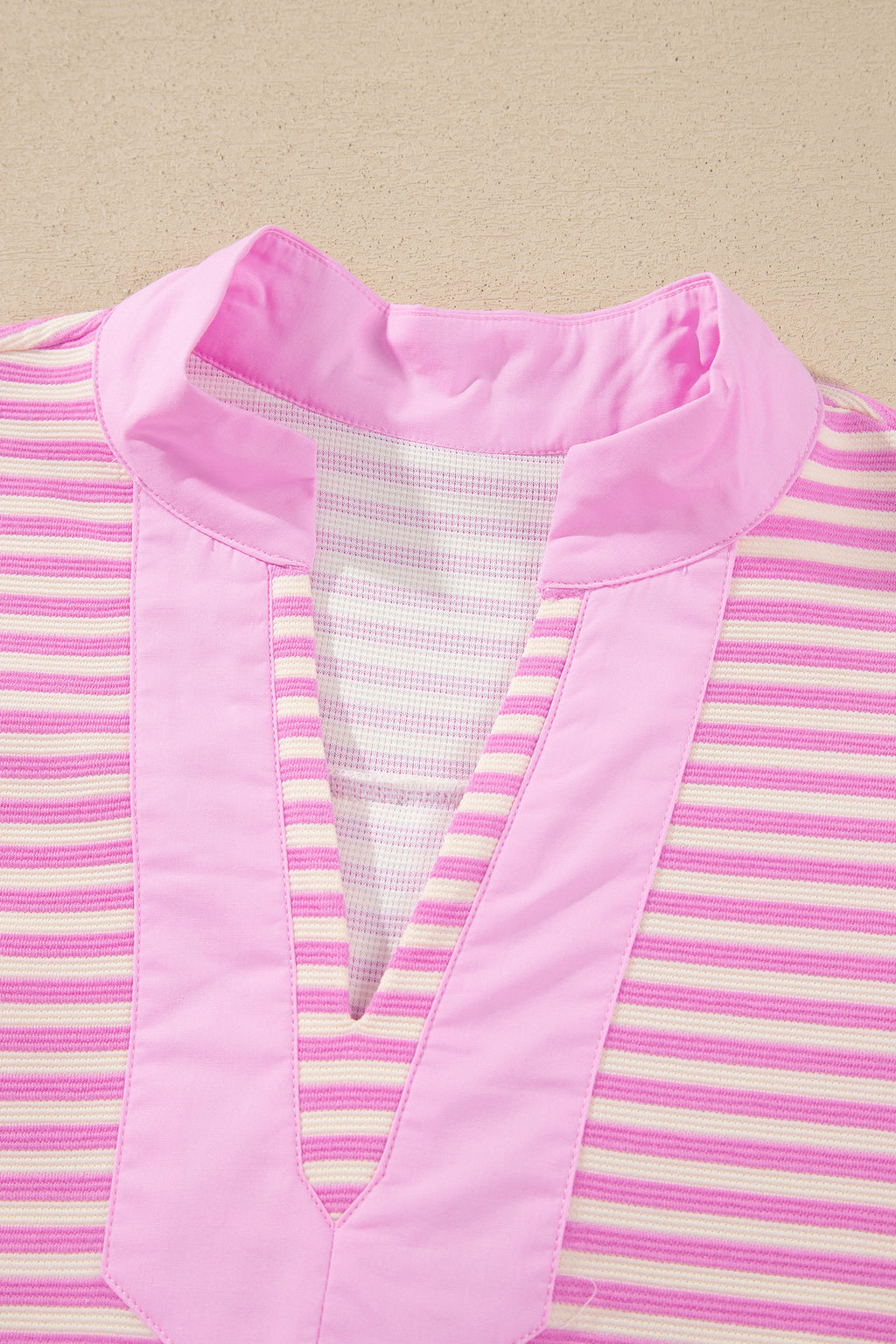 Pink Stripe Color Block Detail Split Neck Short Sleeve Blouse