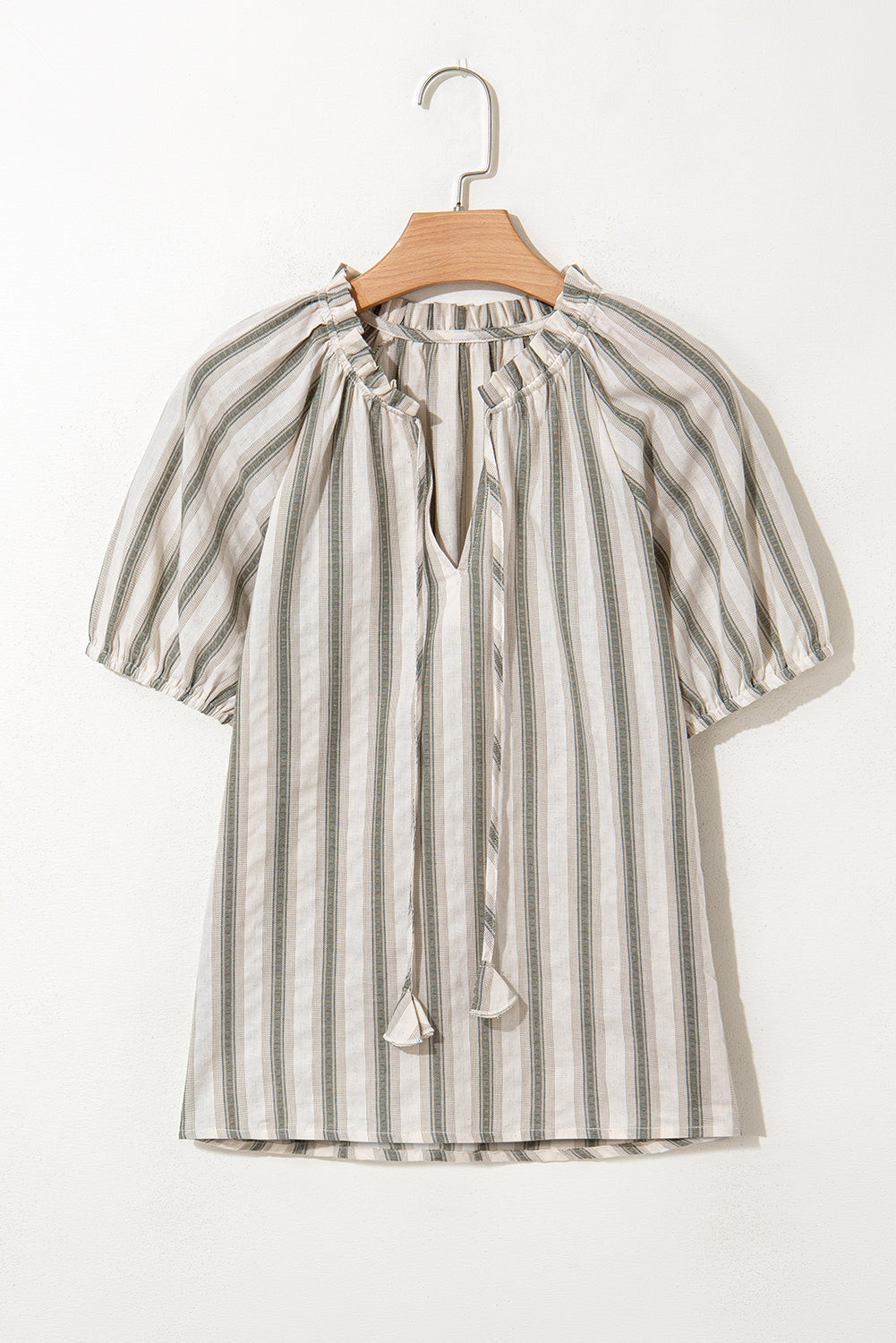 Gray Stripe 100% Cotton Frilled Tie Neck Short Sleeve Blouse