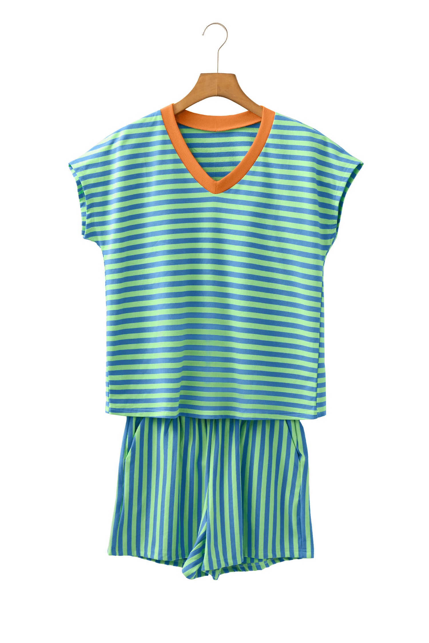 Pink Stripe Colorblock Trim V Neck Tee Drawstring Elastic Waist Short Set
