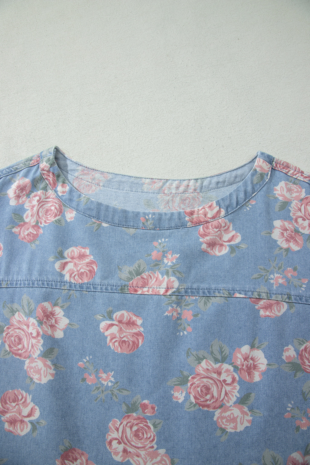 Sky Blue Floral Denim Short Sleeve Top Loose Shorts 2pcs Set
