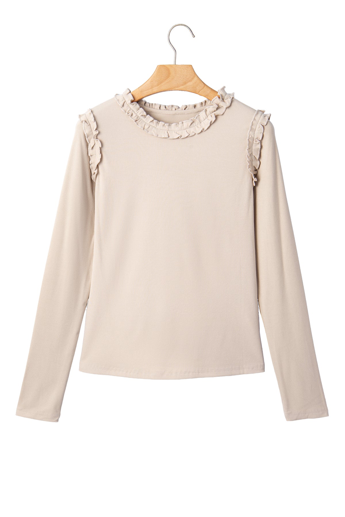 Beige Solid Color Round Neck Frill Detail Long Sleeve Top