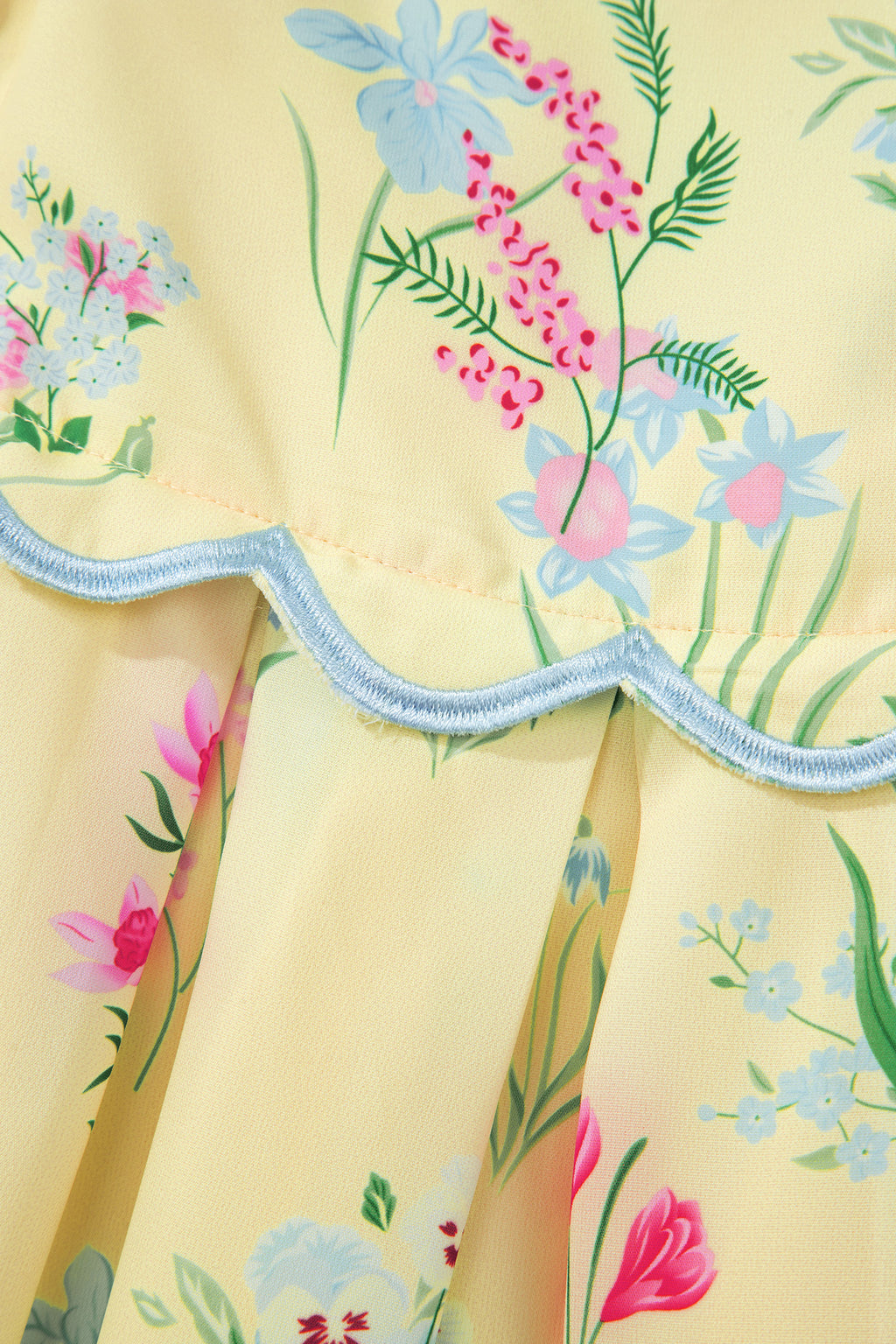 Yellow Floral Print Contrast Trim Self-tie Straps High Waist Midi Dress