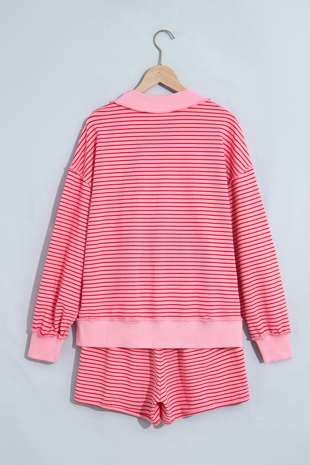 Blue Stripe Ribbed Patchwork Mock Neck Baggy Pullover Matching Shorts Set