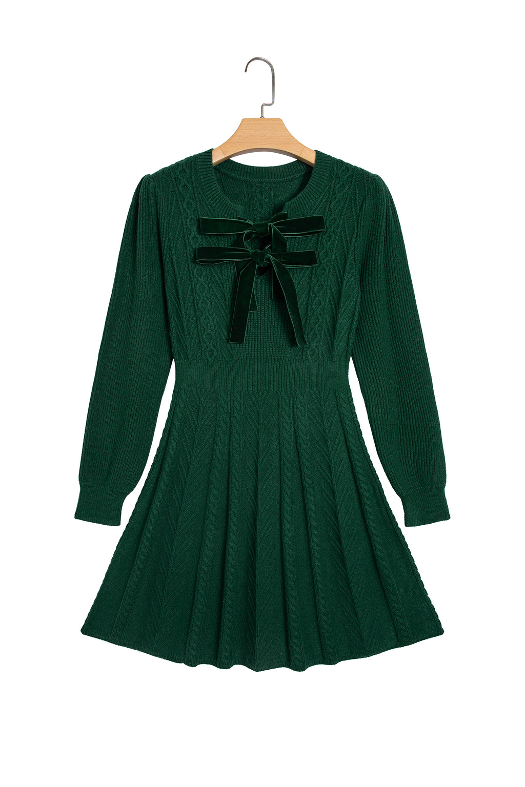 Blackish Green Ribbed Cable Knit Ribbon Knot Sweater Mini Dress