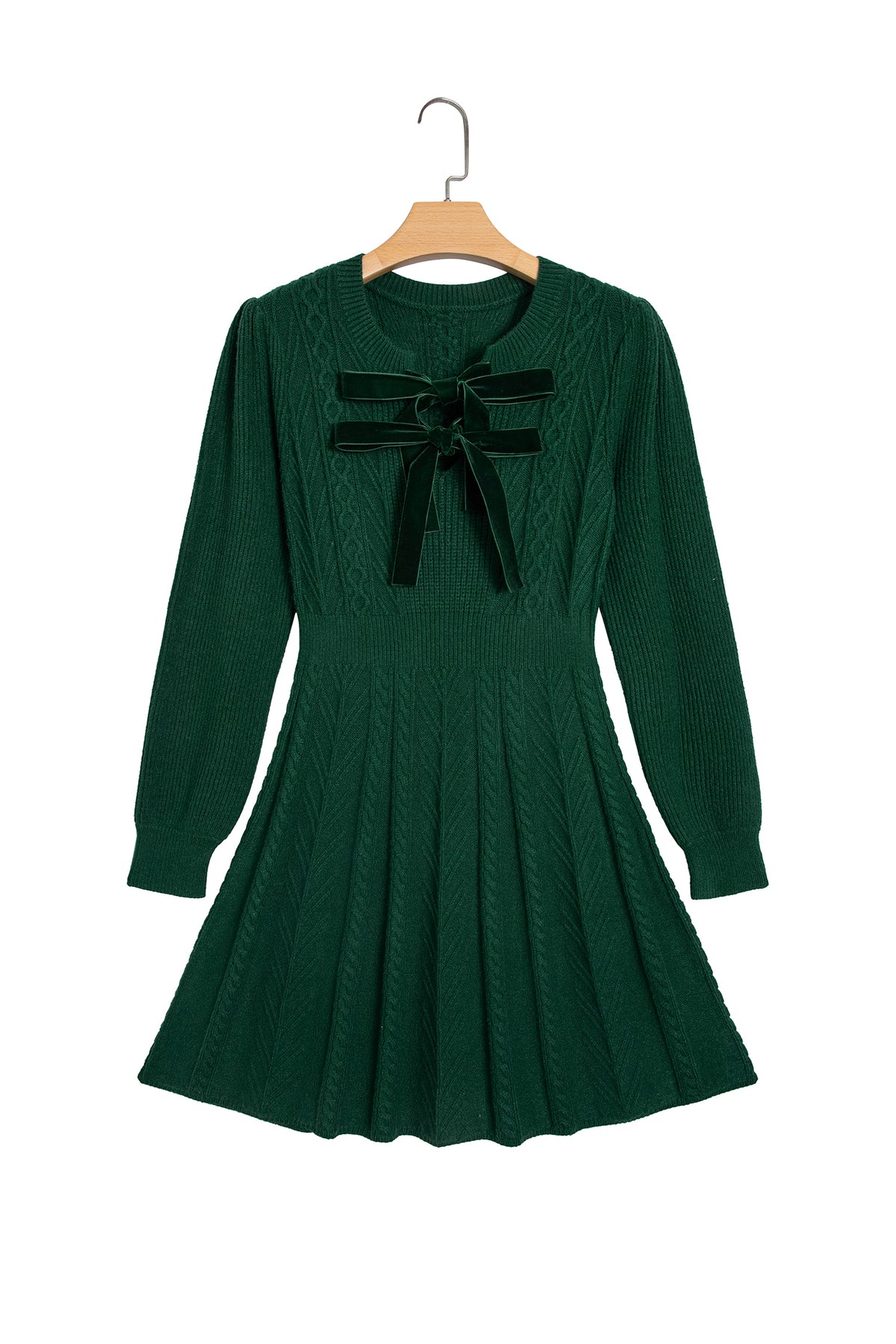 Blackish Green Ribbed Cable Knit Ribbon Knot Sweater Mini Dress