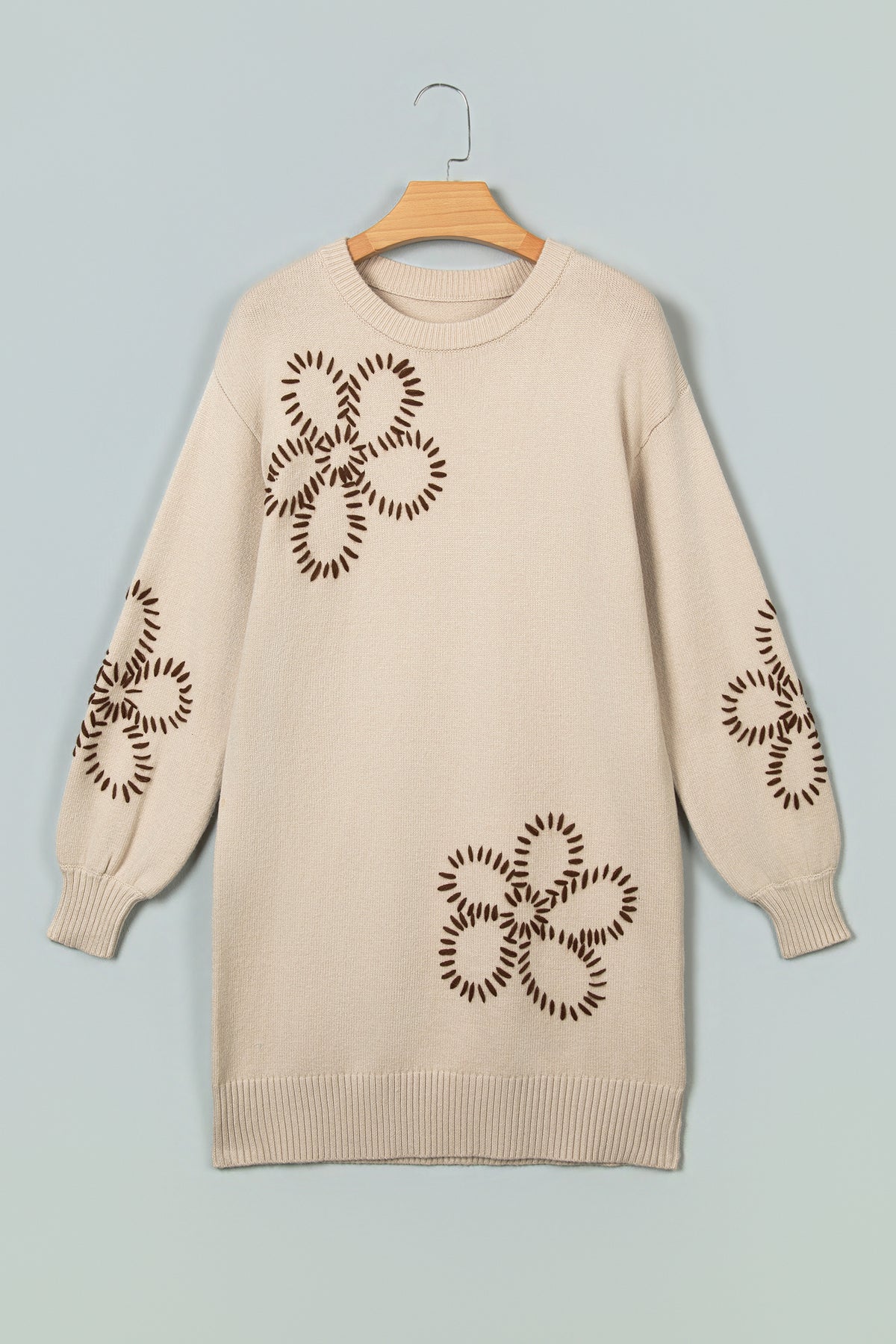 Parchment Floral Pattern Round Neck Puff Sleeve Shift Sweater Dress