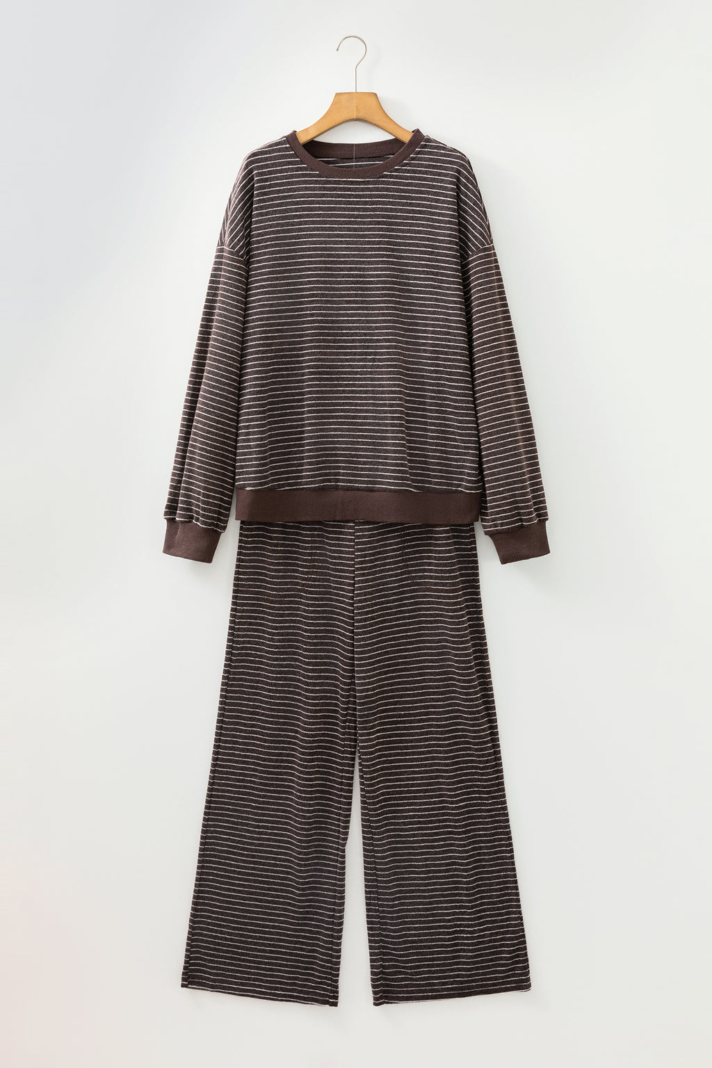 Black Stripe Cozy Terry Knit Long Sleeve Pullover Pocketed Shift Pants 2pcs Sets