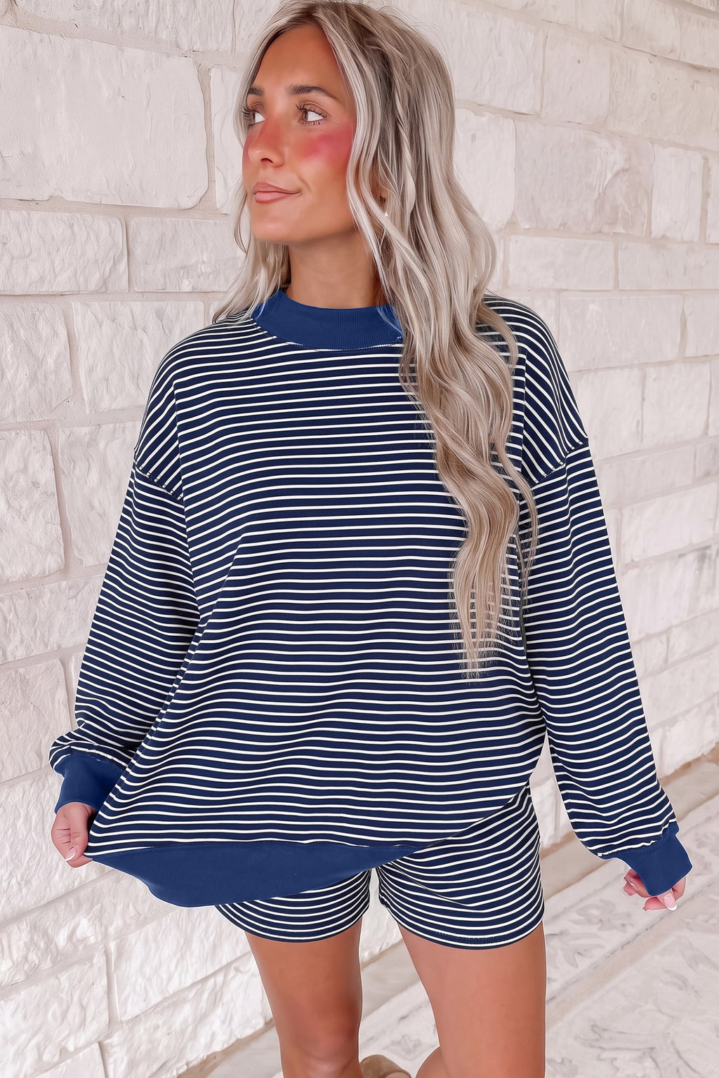 Blue Stripe Ribbed Patchwork Mock Neck Baggy Pullover Matching Shorts Set