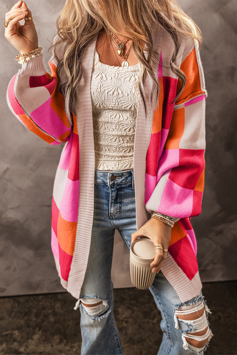 Light Blue Checkered Drop Shoulder Exposed Seam Open Front Cardigan