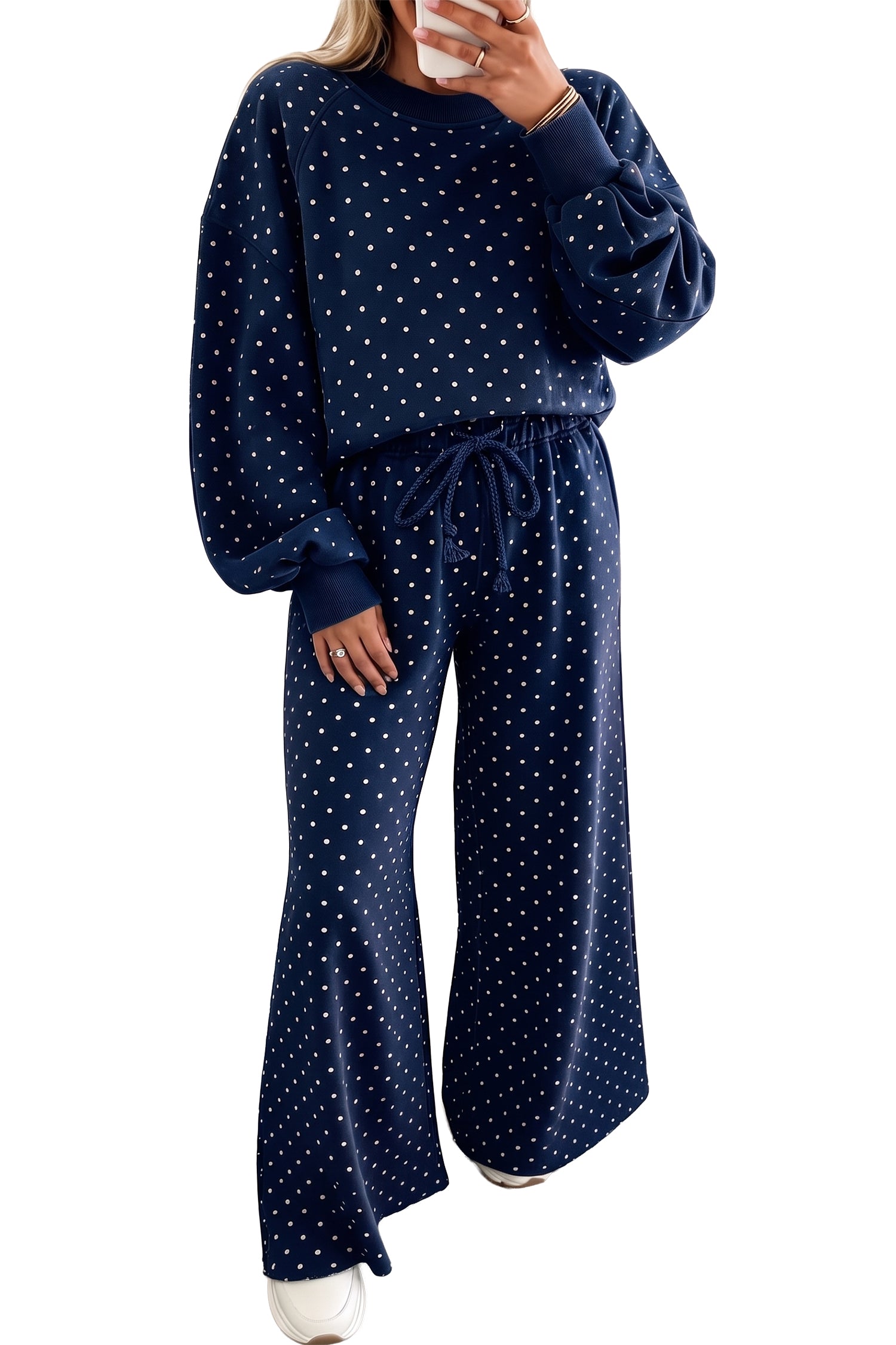 Blue Polka Dot Drawstring Wide Leg Long Sleeve Top Pant Set