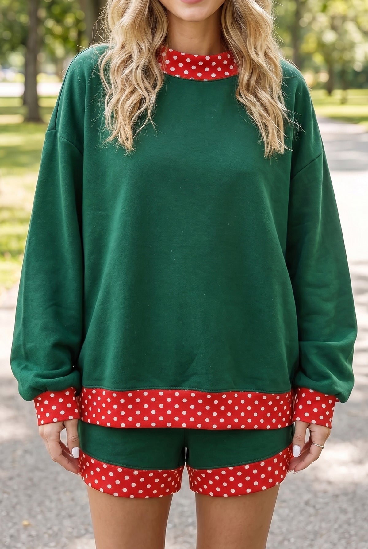 Bright Green Polka Dot Trim Baggy Pullover 2pcs Short Set