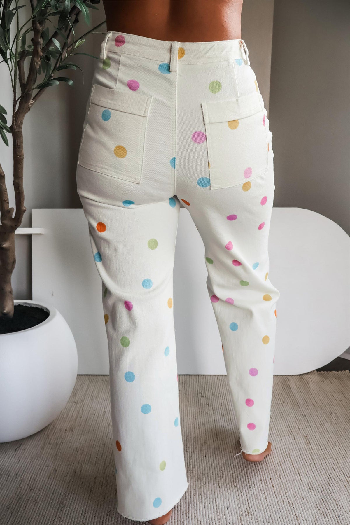 White High Waist Polka Dot Straight Leg Casual Jeans