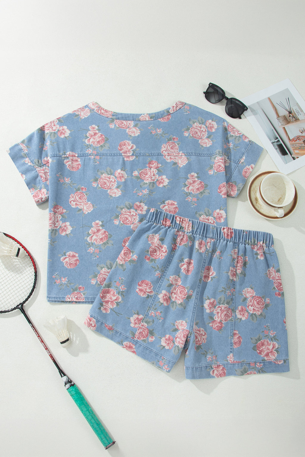 Sky Blue Floral Denim Short Sleeve Top Loose Shorts 2pcs Set