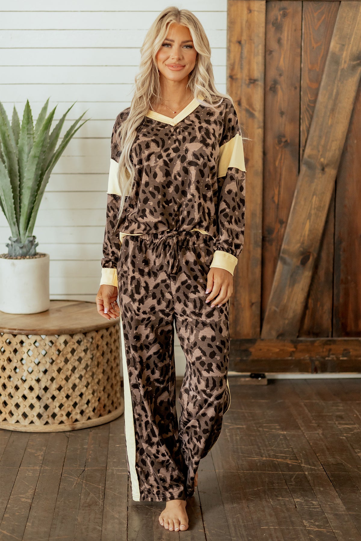 Brown Leopard Print Long Sleeve V-Neck Wide Leg Pant Set