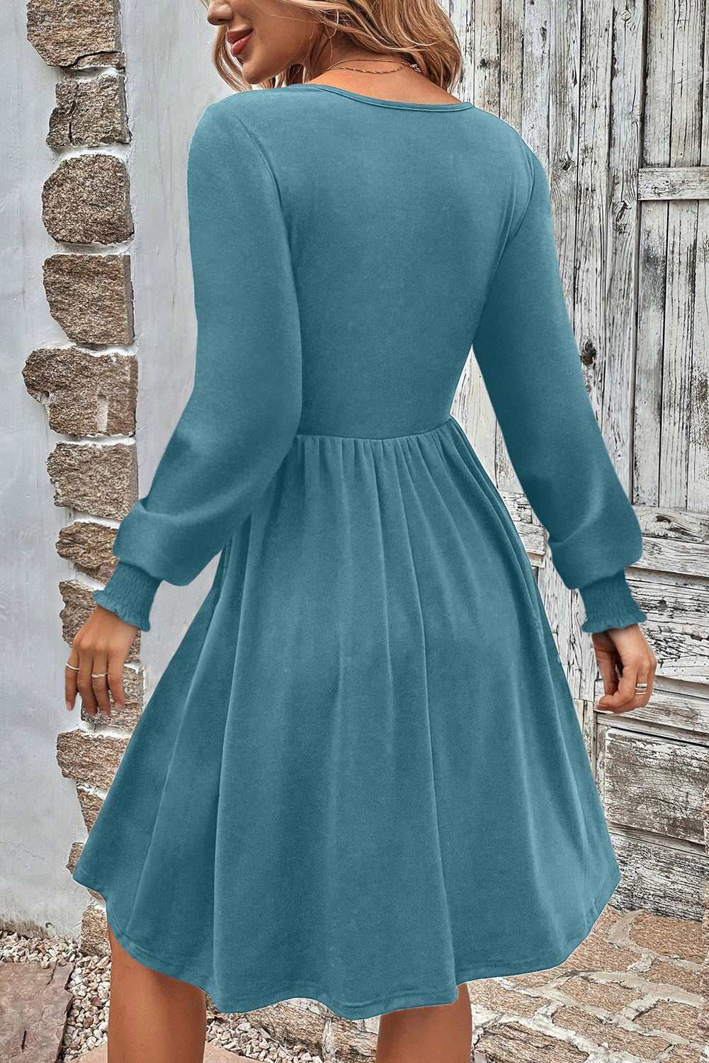 Canton Shirred Cuff Long Sleeve Button Round Neck Mini Dress