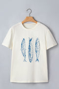 White Fish Print Short Sleeve Round Neck T Shirt