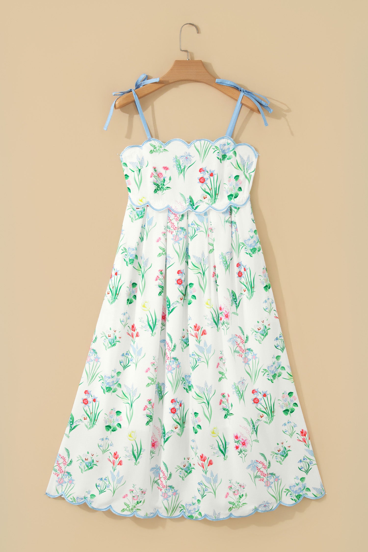 Yellow Floral Print Contrast Trim Self-tie Straps High Waist Midi Dress