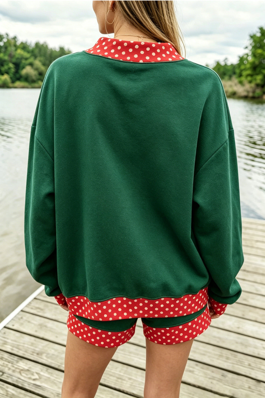 Bright Green Polka Dot Trim Baggy Pullover 2pcs Short Set