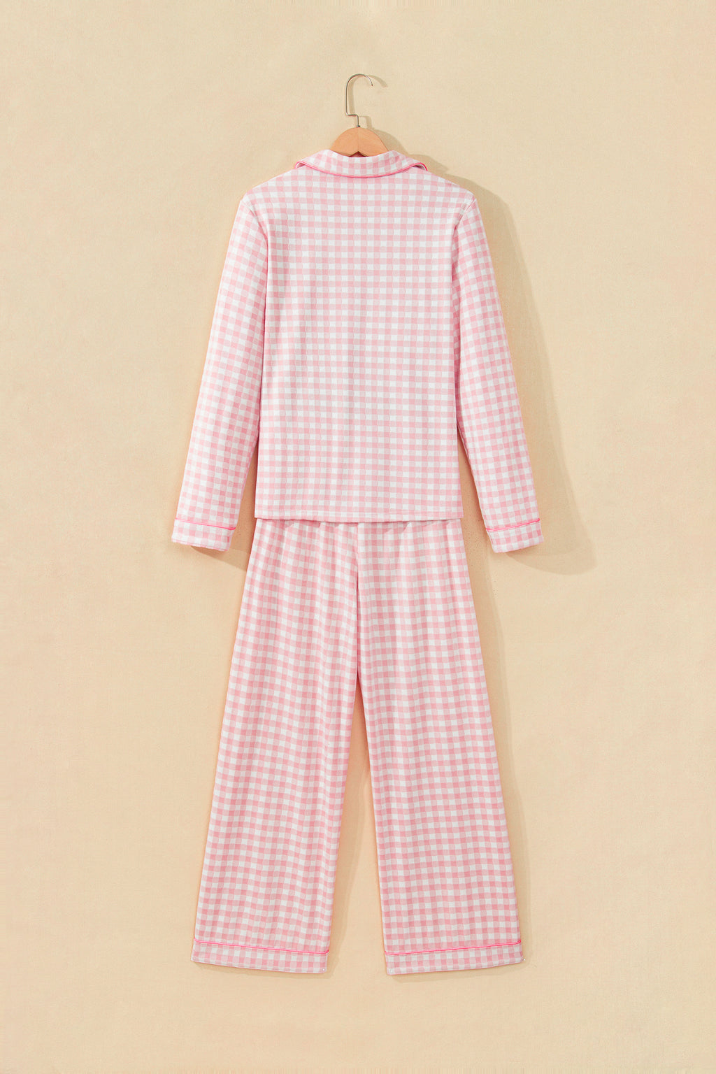 Pink Gingham Long Sleeve Lapel Shirt 2pcs Pajama Pant Set