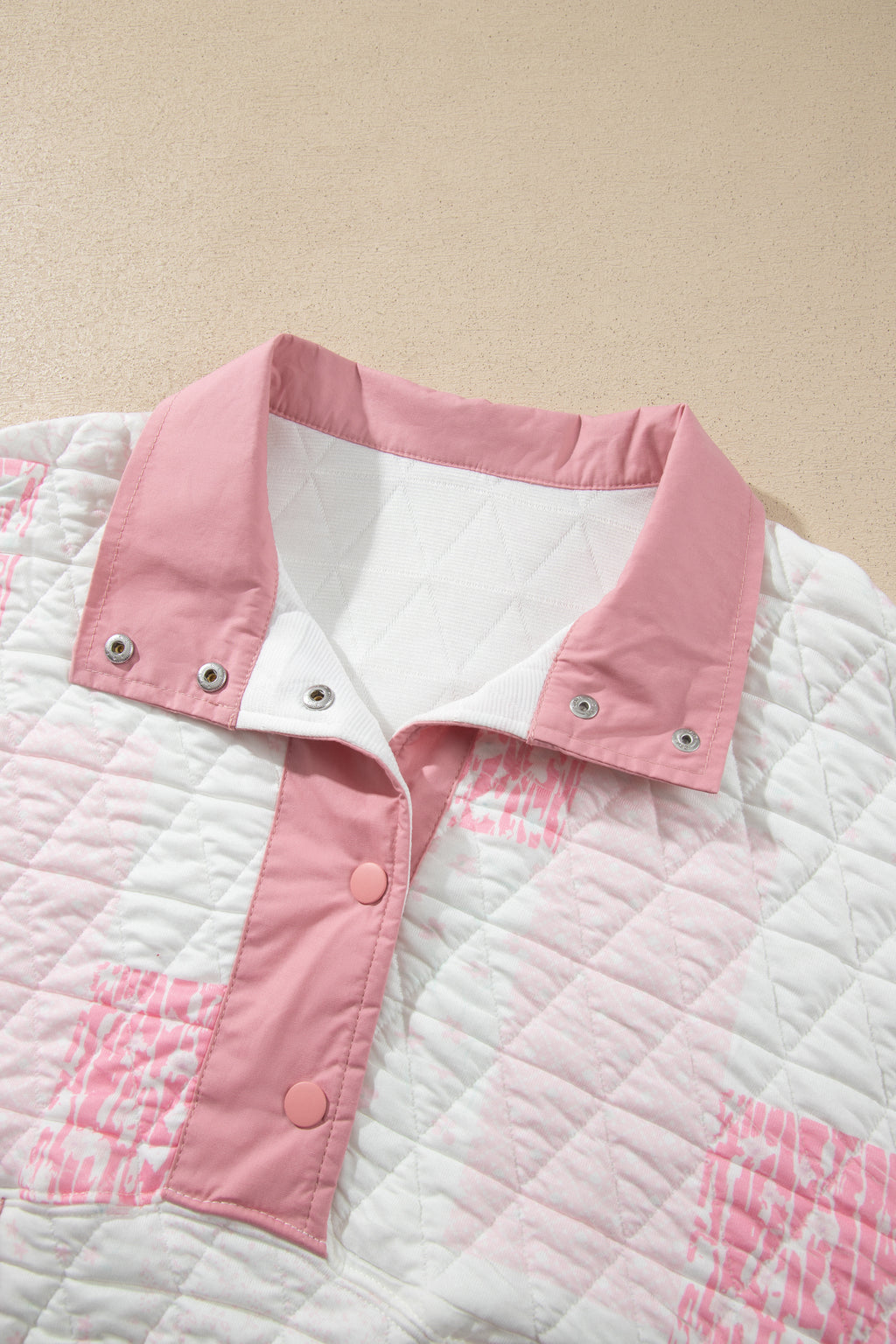 Pink Floral Quilted Half Button Pocketed Pullover Sweatshirt